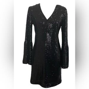 Black Sequin Bell Sleeve Knee-Length Dress